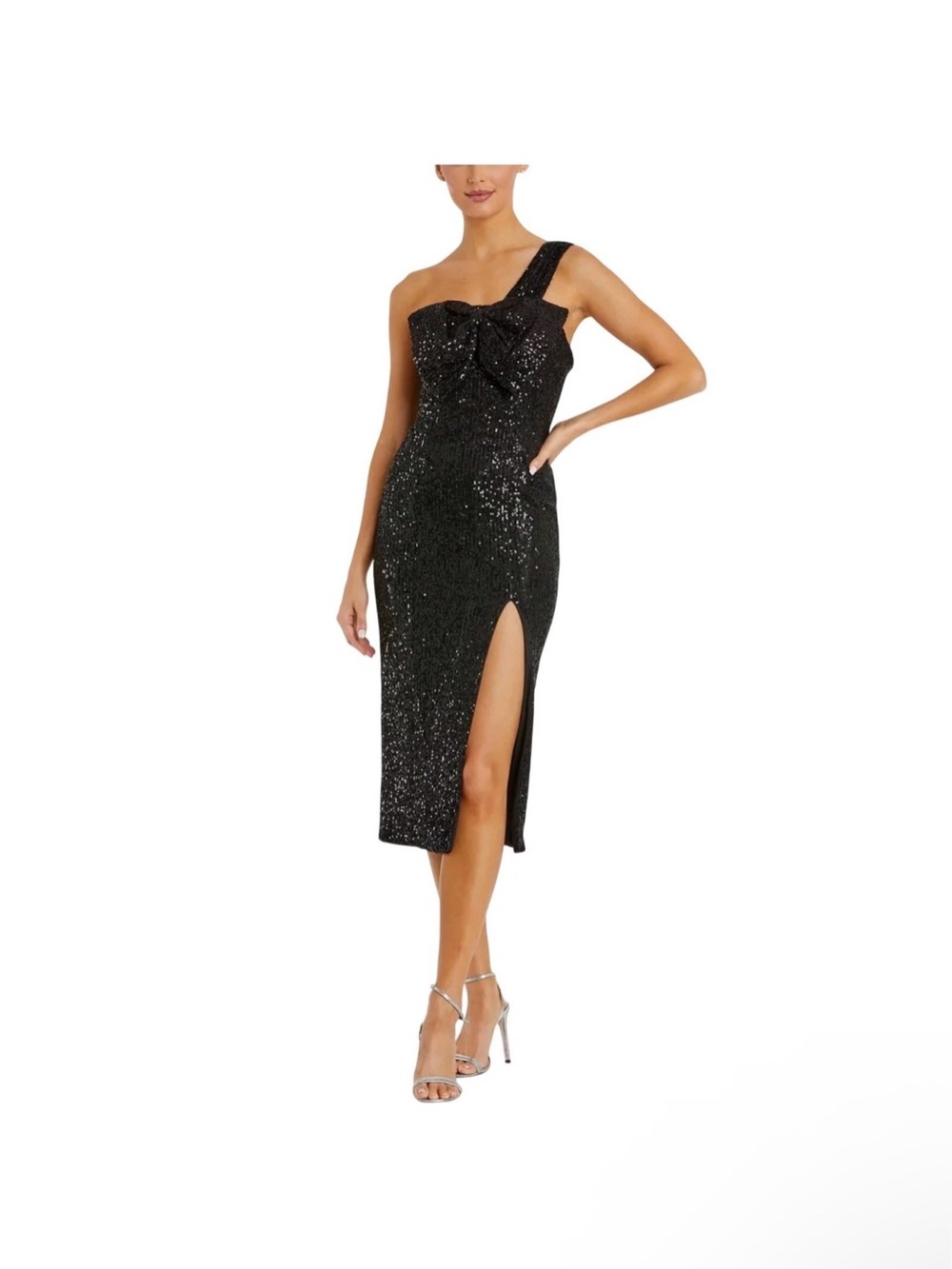 Mac Duggal 11286 Black Cocktail Dress Sequin One Shoulder Bow Sheath Midi Size 2